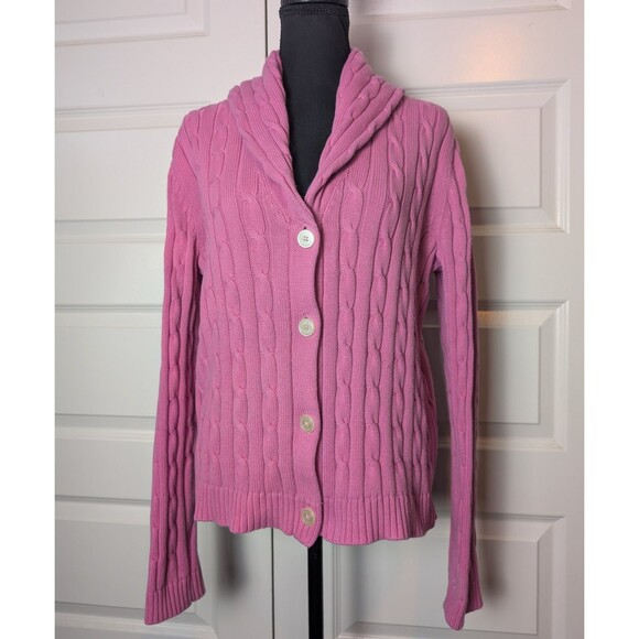 Chaps Size L Cardigan Shawl Collar Cotton Sweater Cable Knit Pink Old Money Chic - Picture 3 of 8